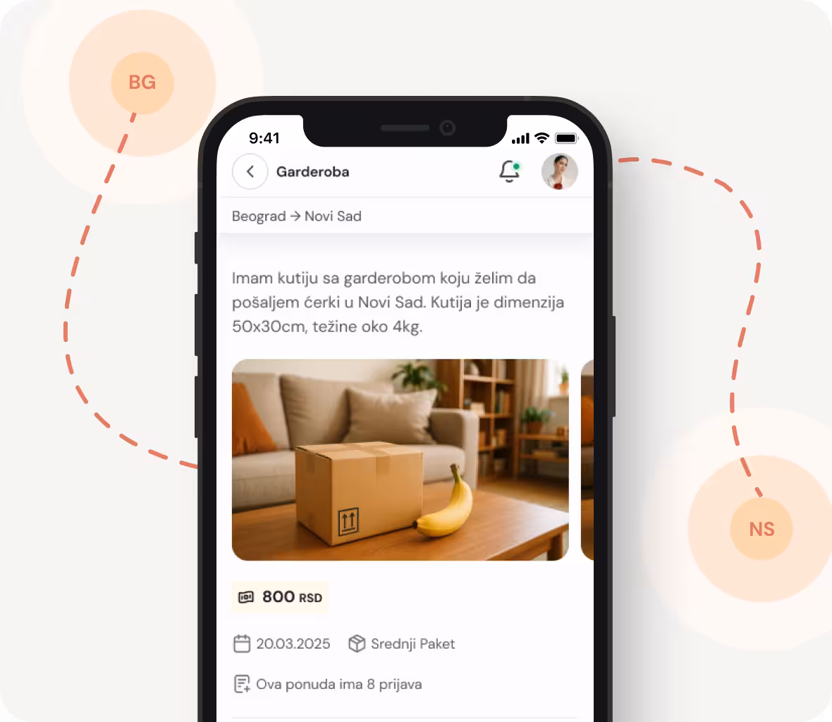 Mobilna aplikacija za dostavu paketa prikazuje ponudu za transport garderobe iz Beograda u Novi Sad. Na ekranu se vidi kartonska kutija na stolu pored banane u dnevnoj sobi, sa cenom od 800 RSD. Pozadina sadrži grafičke elemente sa skraćenicama BG i NS povezane isprekidanom linijom.